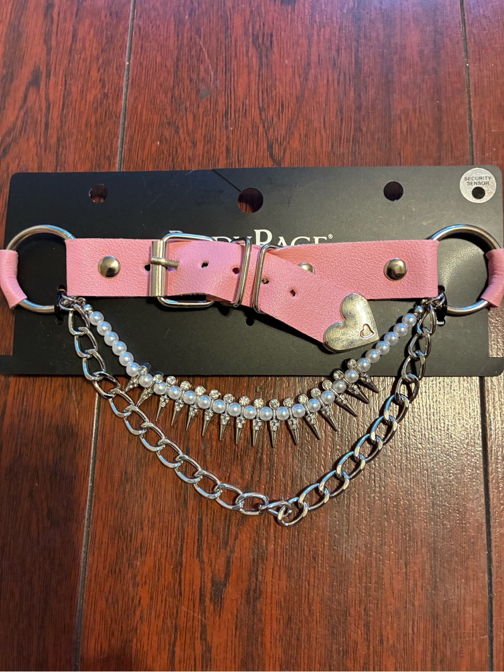 Pink Heart Accent Choker Necklace with Pearl and Spike Chains